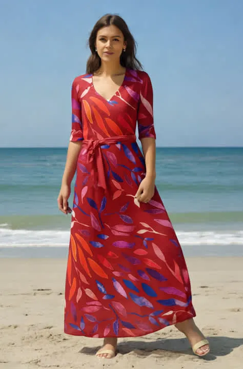 Lily by Firmiana Women’s 3/4 Sleeve Wrap Maxi Dress Women’s Apparel Red Abstract Leaf Print sold by Zulily product image thumbnail 3