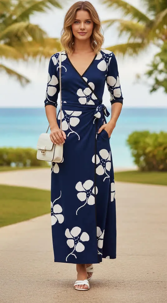 Lily by Firmiana Women’s 3/4 Sleeve Wrap Maxi Dress Women’s Apparel Navy White Floral Print sold by Zulily product image thumbnail 4