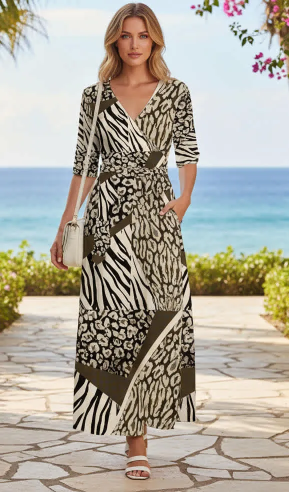 Lily by Firmiana Women’s 3/4 Sleeve Wrap Maxi Dress Women’s Apparel Neutral Animal Print sold by Zulily