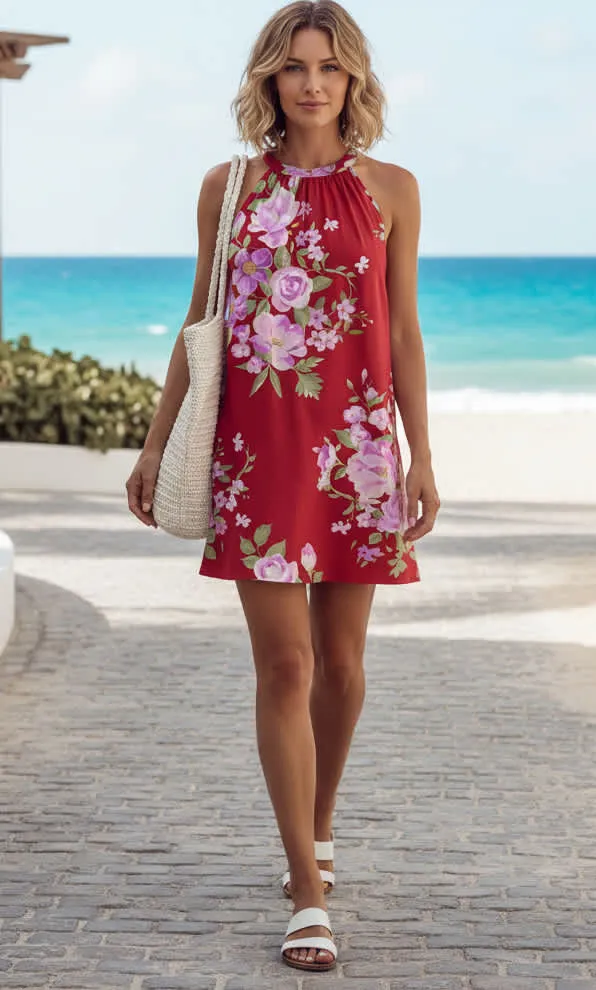 Lily by Firmiana Women’s Halter Neckline Sleeveless Short Dress Women’s Apparel Red Pink Floral Print sold by Zulily