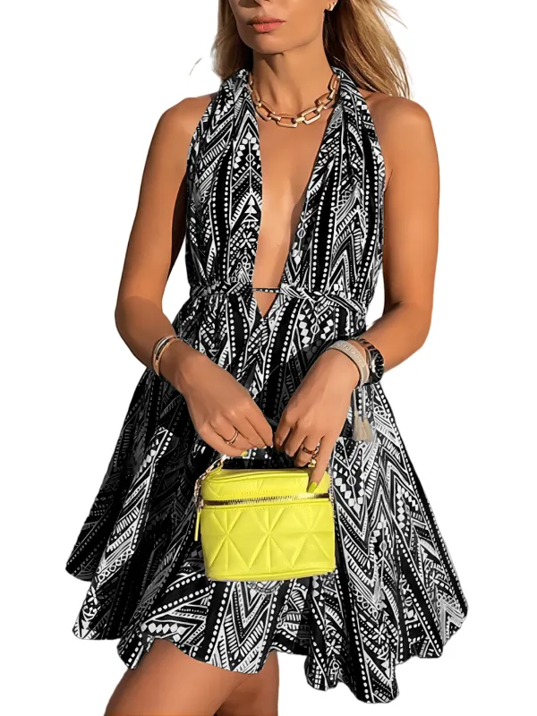 Chic YC Women's Tribal Print Halter Mini Dress Deep V Neck Tie Waist Flowy Dress Large Black made by Zulily