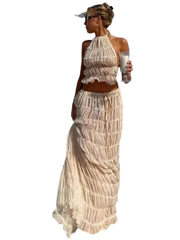 Chic YC Women's Two Piece Beige Halter Crop Top and Maxi Skirt Set Ruched Ruffle Summer Vacation Outfit made by Zulily