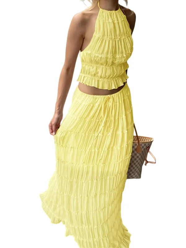 Chic YC Women's Ruched Halter Two Piece Set Crop Top Maxi Skirt Outfit Flowy Beach Vacation Set X-Large Lightyellow made by Zulily