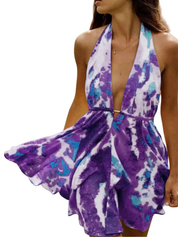 Chic YC Women's Tie Dye Halter Mini Dress Neck Flowy Ruffle Summer Beach Vacation Party Dress X-Small Purple made by Zulily