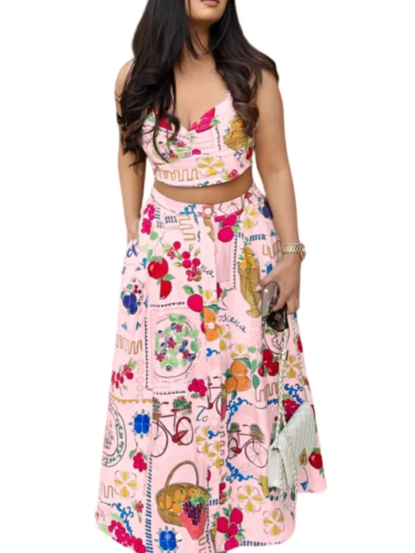 Chic YC Women's Print Two Piece Set Halter Crop Top High Waist Maxi Skirt Summer Beach Vacation Outfit Large Pink made by Zulily