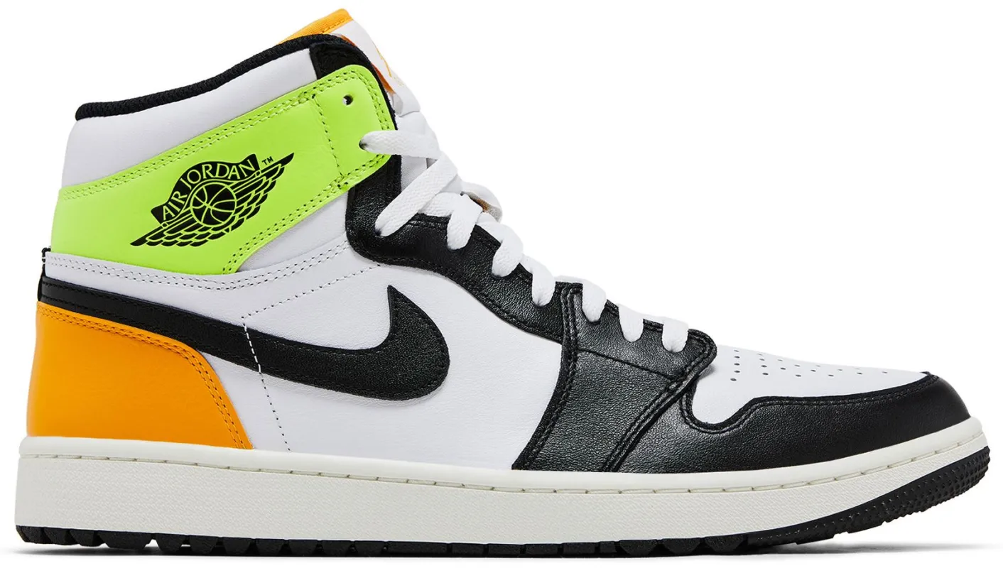 [DQ0660-105] MENS AIR JORDAN RETRO 1 HIGH GOLF 'WHITE UNIVERSITY GOLD VOLT BLACK' sold by Zulily
