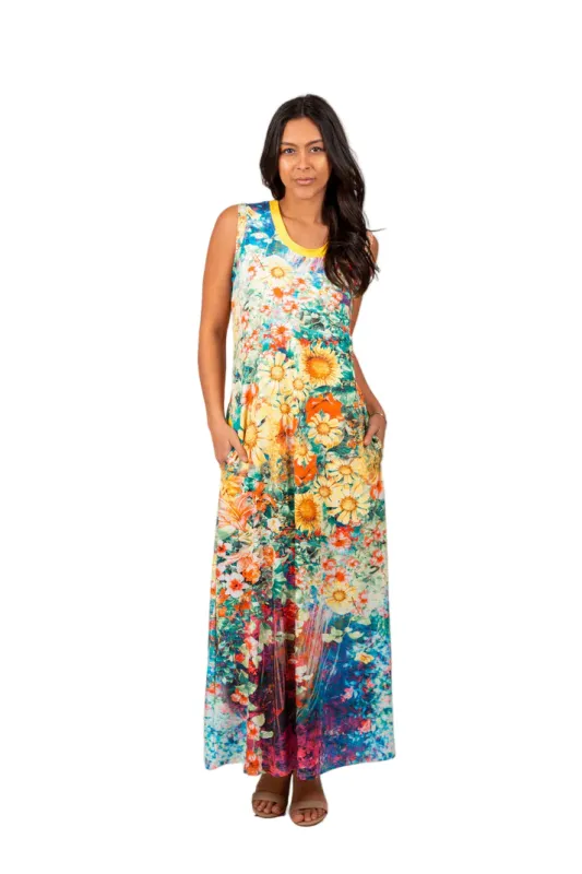 Lily by Firmiana Women's Sleeveless Fishtail Maxi Dress Blue & Coral Tropical Floral made by Zulily