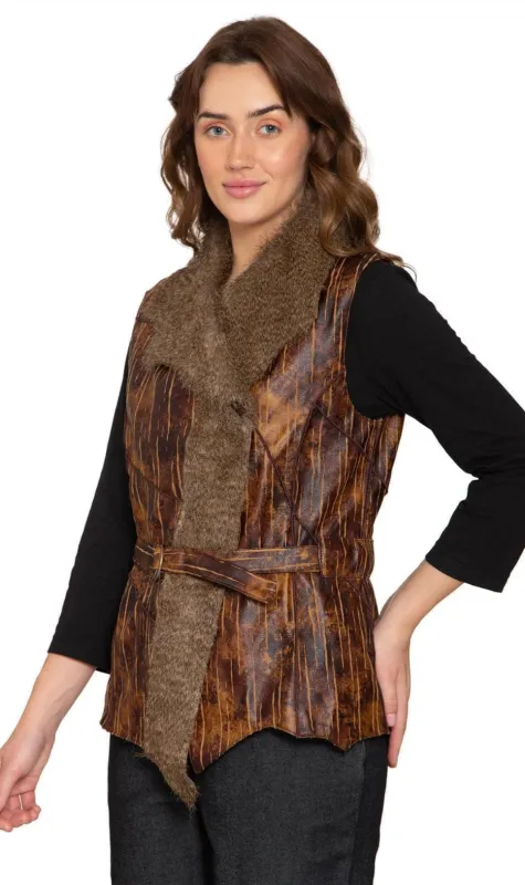 Women's Faux Fur Trimmed Belted Vegan Leather Vest made by Zulily