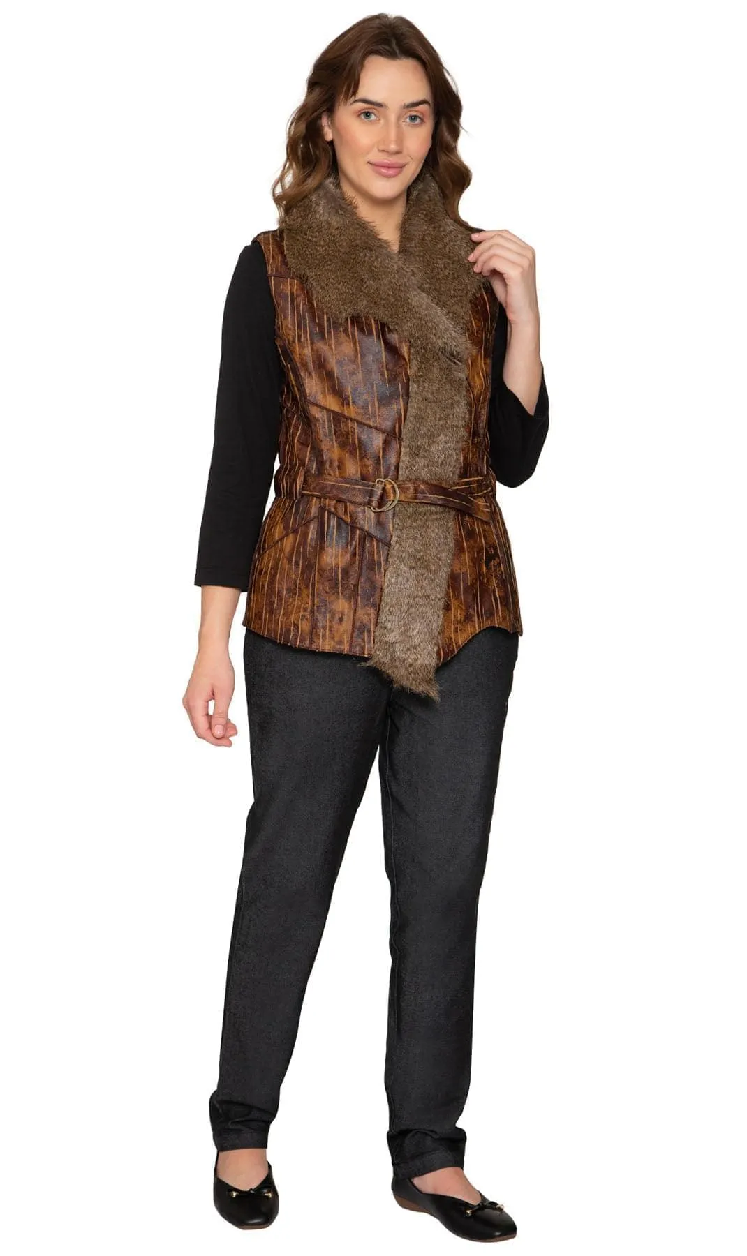 Women's Faux Fur Trimmed Belted Vegan Leather Vest sold by Zulily product image thumbnail 5
