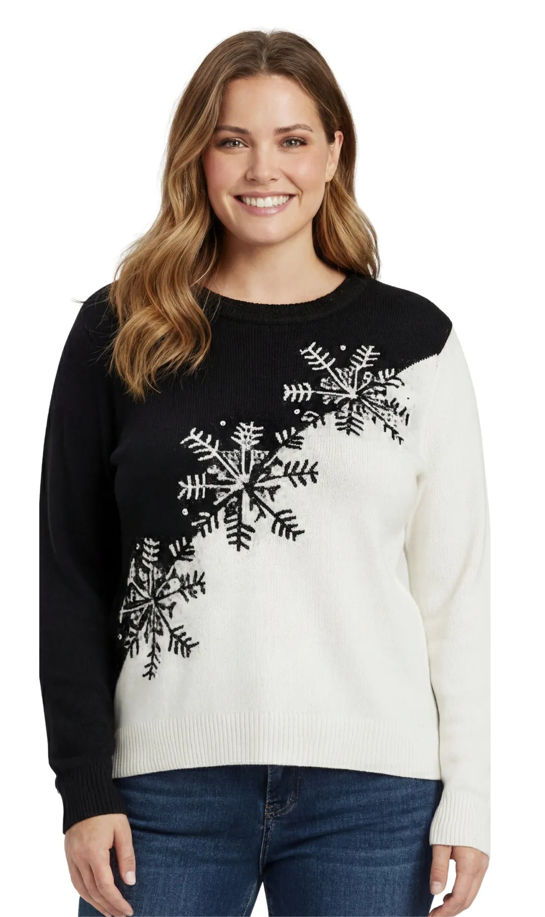 Women’s Cozy Long Sleeves Snowflake-Decorated Color Block Holiday Crewneck Sweater - Classy Christmas Pullover in 100% Soft Durable Acrylic sold by Zulily product image thumbnail 4