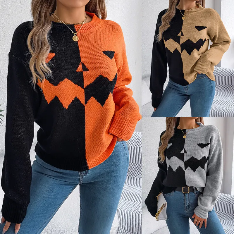 Women’s Spooky Pumpkin Contrast Long-Sleeve Pullover Sweater made by Zulily