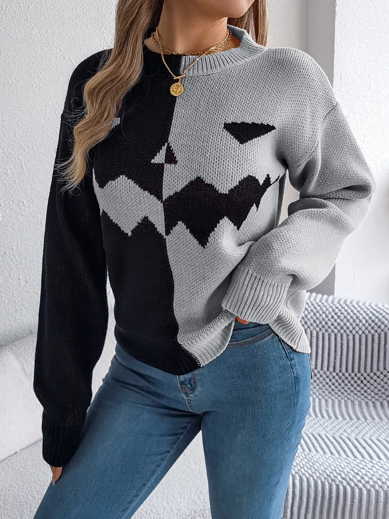 Women’s Spooky Pumpkin Contrast Long-Sleeve Pullover Sweater sold by Zulily product image thumbnail 2