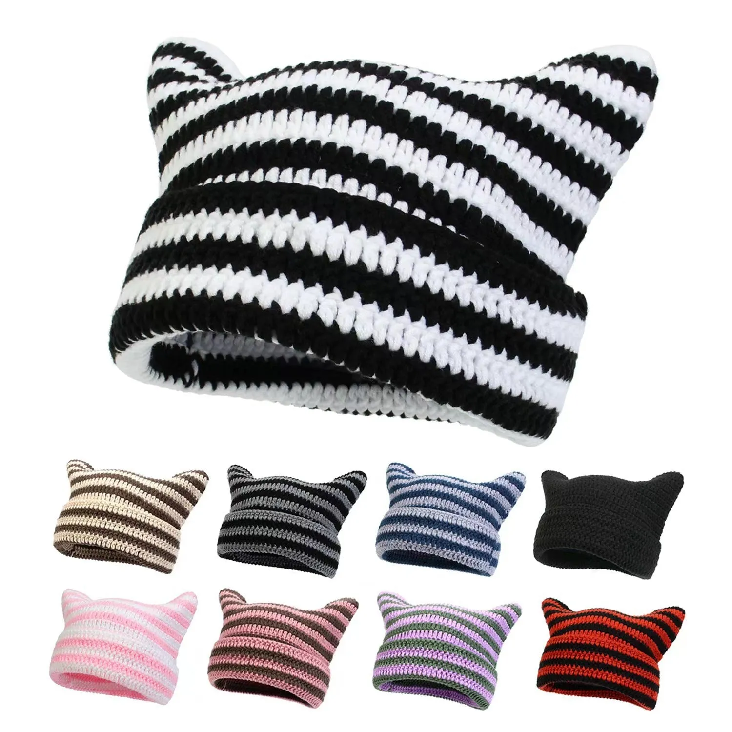 Women’s Hand Knitted Striped Cat Hat – Cute Warm Winter Beanie sold by Zulily product image thumbnail 2