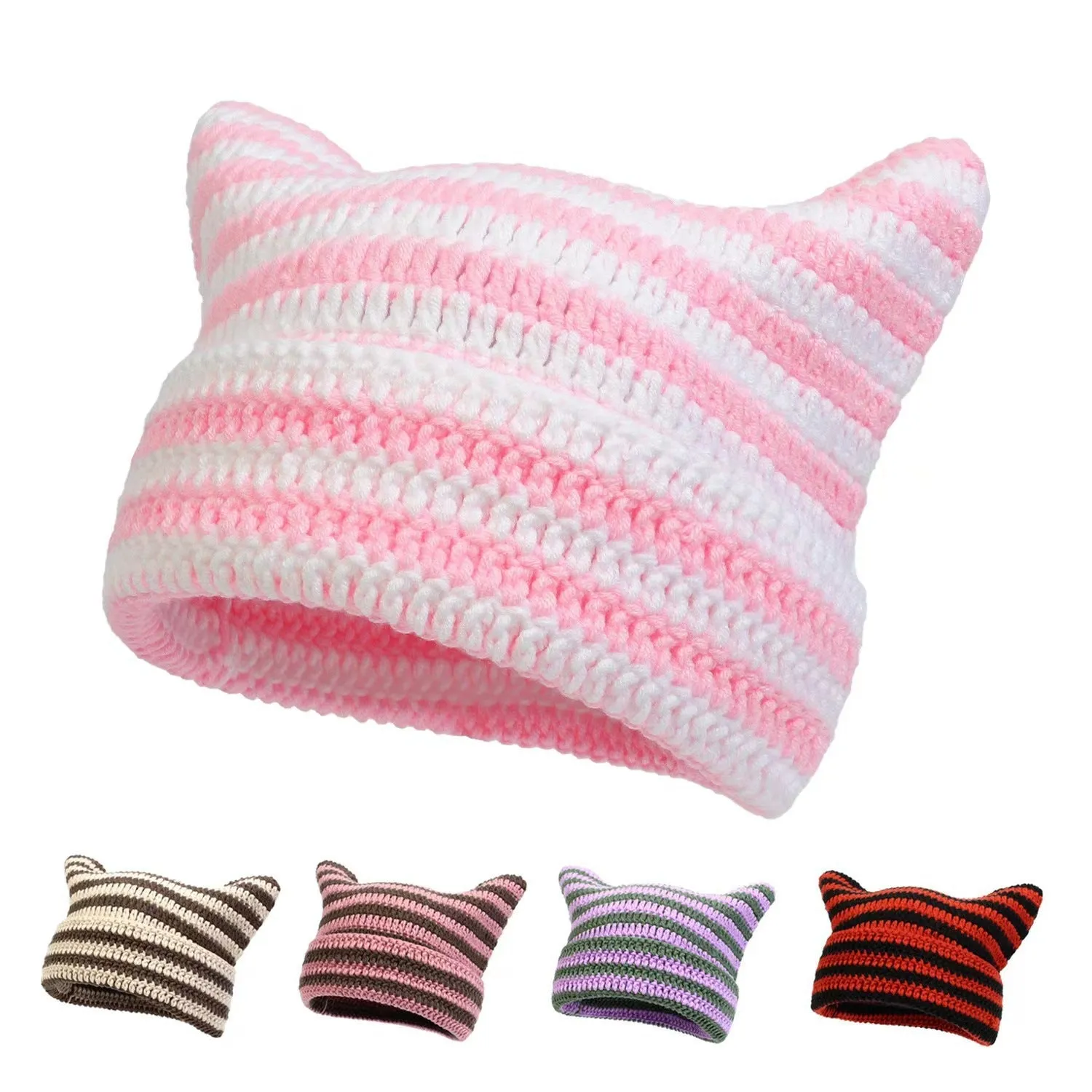 Women’s Hand Knitted Striped Cat Hat – Cute Warm Winter Beanie sold by Zulily product image thumbnail 3