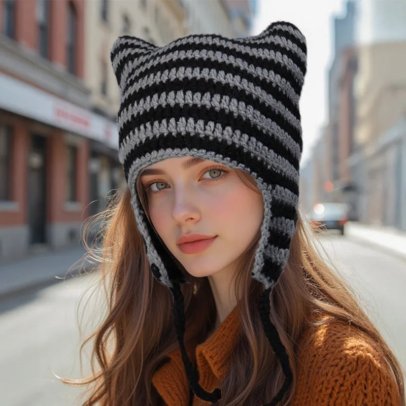 Women’s Hand Knitted Striped Cat Hat – Cute Warm Winter Beanie sold by Zulily