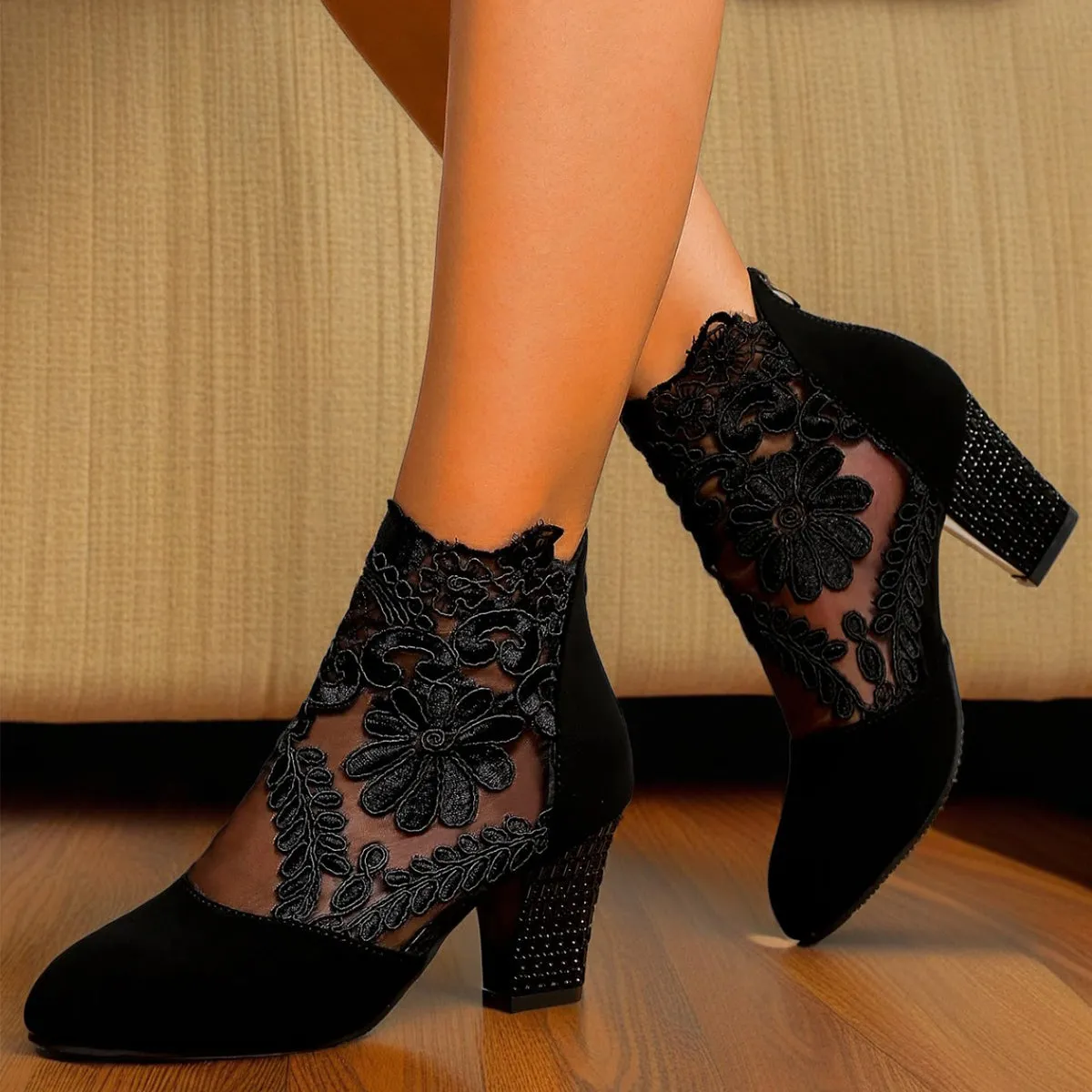 Women’s Lace-Embroidered Mesh Chunky-Heel Ankle Boots sold by Zulily