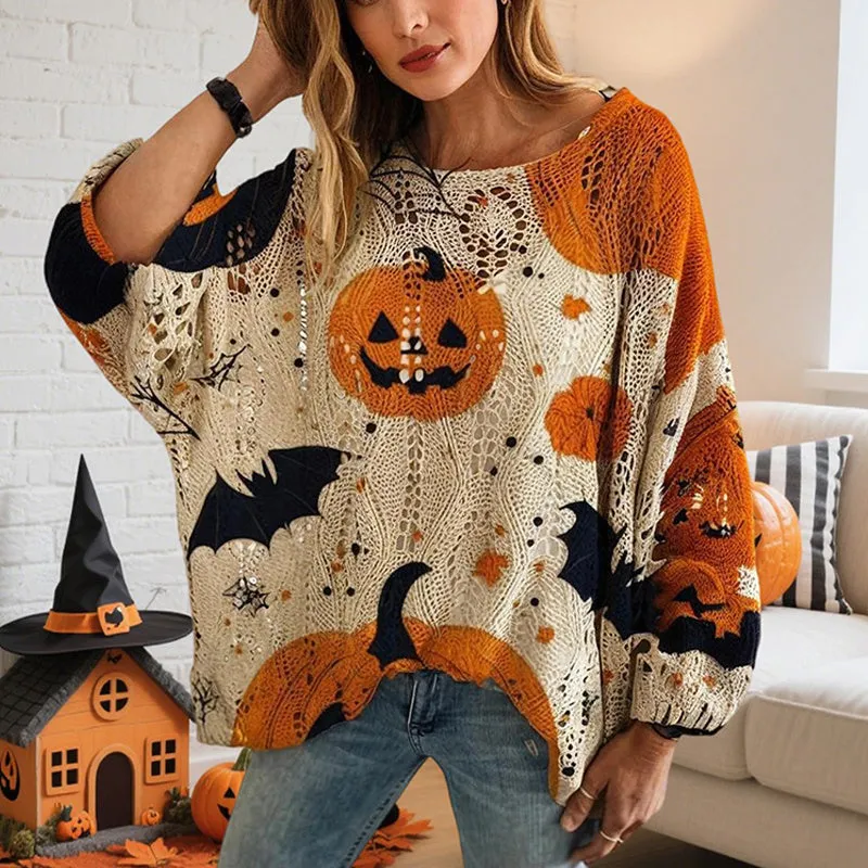 Women’s Hollow Out Batwing Top – Halloween Pumpkin Print Blouse sold by Zulily