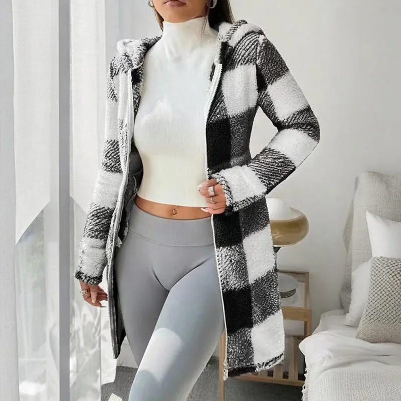 Plaid Hooded Sherpa-Lined Long Coat with Pockets made by Zulily