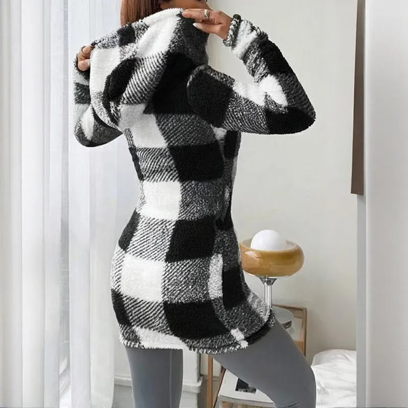 Plaid Hooded Sherpa-Lined Long Coat with Pockets sold by Zulily product image thumbnail 5