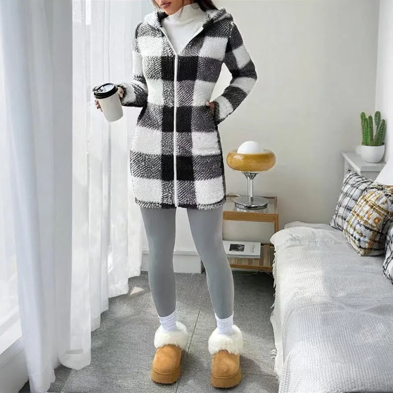 Plaid Hooded Sherpa-Lined Long Coat with Pockets sold by Zulily product image thumbnail 2
