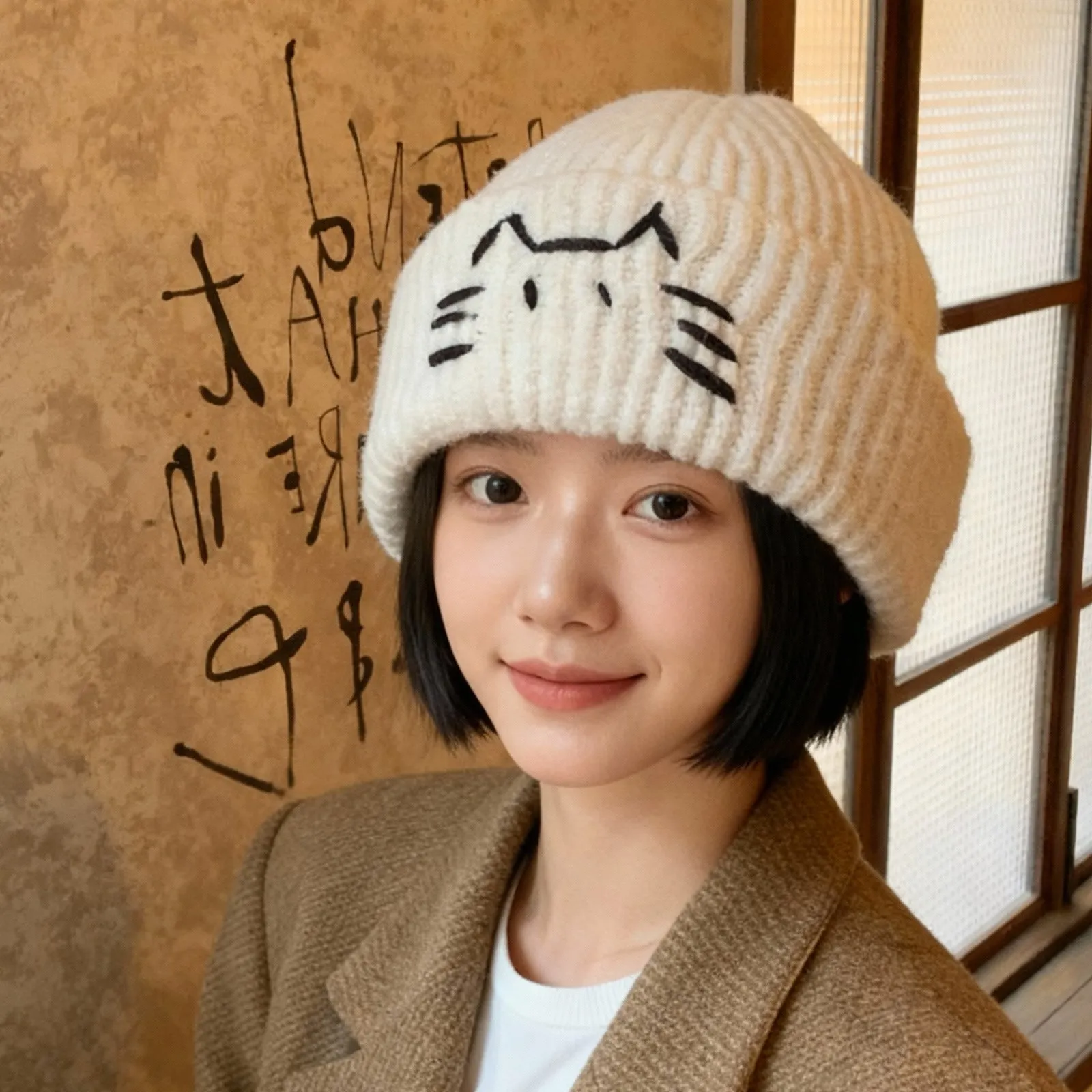 Women’s Cute Cat Line Design Knitted Hat – Warm Fall & Winter Beanie sold by Zulily product image thumbnail 2