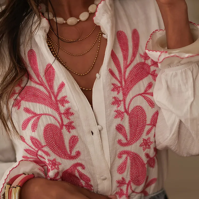 Boho Floral Ruffle Blouse — V-Neck Lantern Sleeve Button-Down Top sold by Zulily product image thumbnail 5
