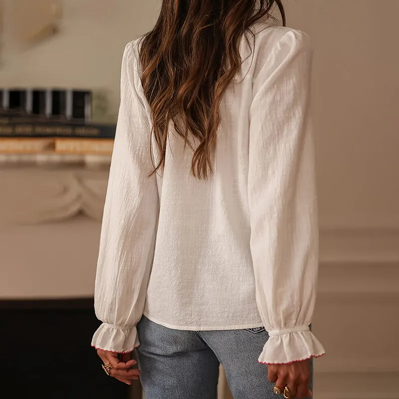 Boho Floral Ruffle Blouse — V-Neck Lantern Sleeve Button-Down Top sold by Zulily product image thumbnail 2