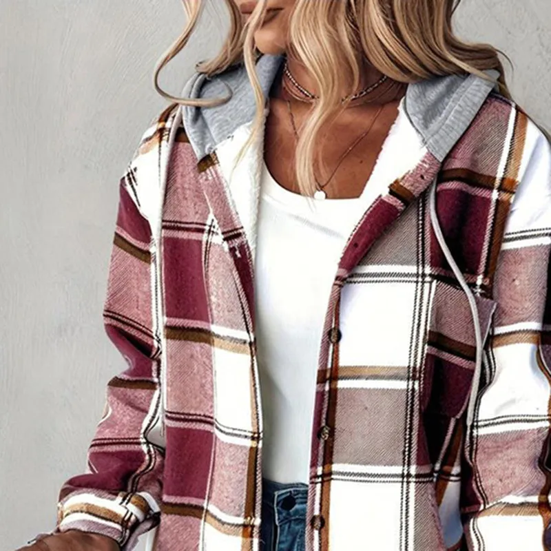 Women's Plaid Hoodie Long Sleeve Jacket With Pocket sold by Zulily product image thumbnail 3