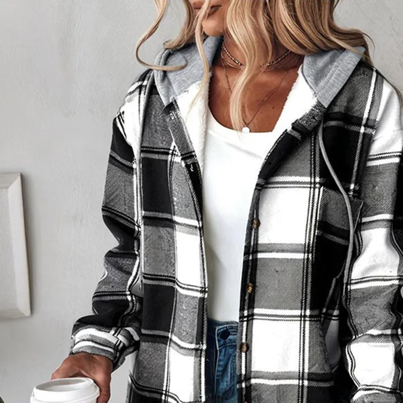 Women's Plaid Hoodie Long Sleeve Jacket With Pocket sold by Zulily product image thumbnail 4