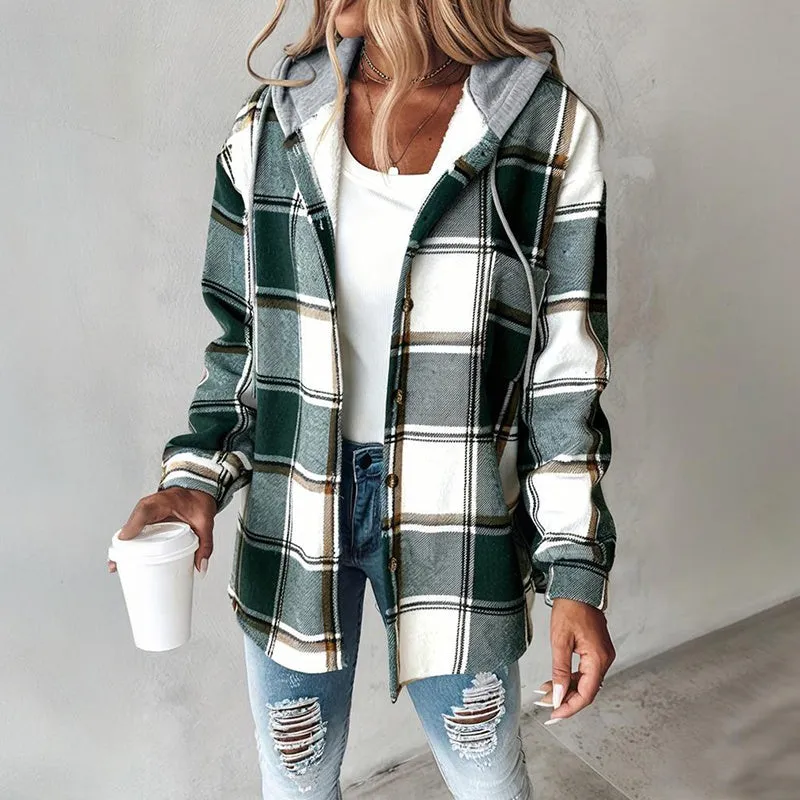 Women's Plaid Hoodie Long Sleeve Jacket With Pocket made by Zulily