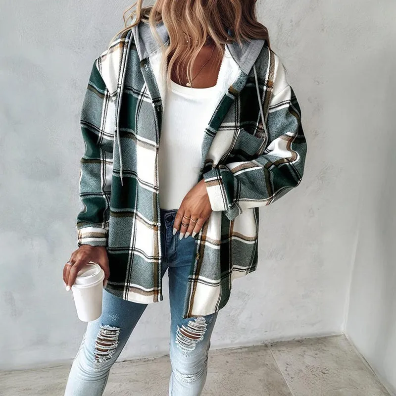 Women's Plaid Hoodie Long Sleeve Jacket With Pocket sold by Zulily product image thumbnail 5