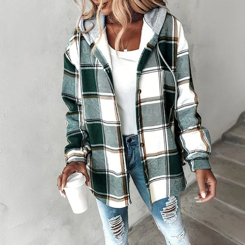 Women's Plaid Hoodie Long Sleeve Jacket With Pocket sold by Zulily product image thumbnail 2