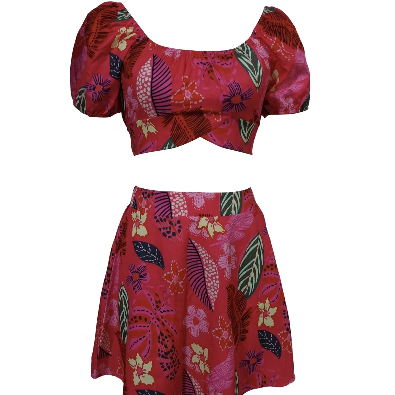 Flower Print Bubble Sleeves With Exposed Navel Short Top, Pleated Short Skirt Set sold by Zulily product image thumbnail 2