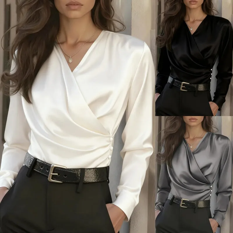 Women's Elegant Cross V-Neck Blouse, Ruffle Detail Button Accent Office Shirt made by Zulily