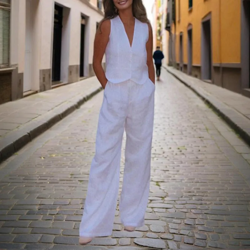 Women’s V‑Neck Button‑Front Vest & High‑Waist Pants Set sold by Zulily product image thumbnail 3