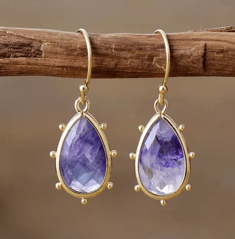 Purple Fluorite & Goldtone Dotted Teardrop Drop Earrings made by Zulily