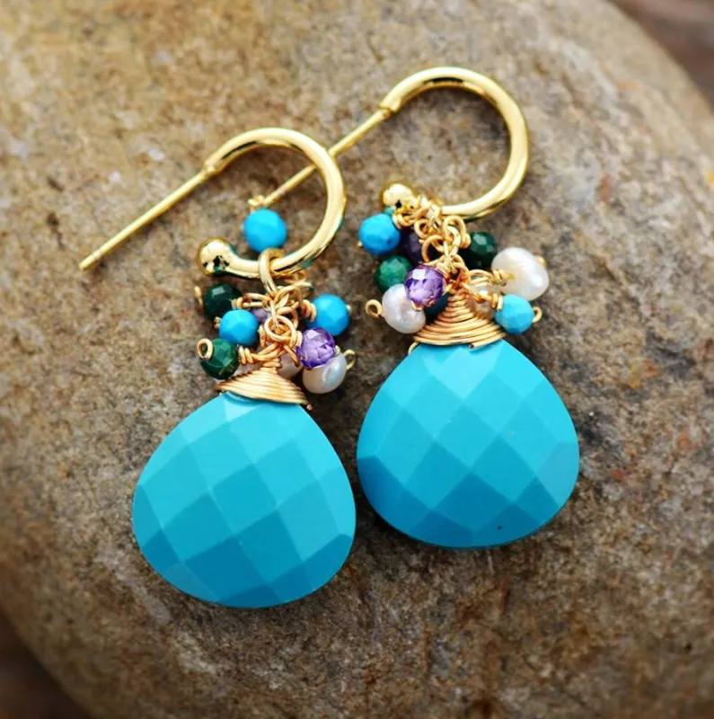 Handmade Turquoise, Freshwater Pearl & Gemstone Cluster Drop Earrings made by Zulily