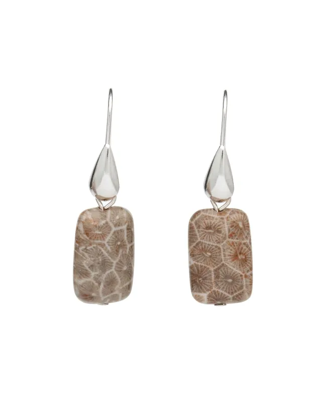 Beige Fossilised Coral Rectangular Drop Earrings in Polished Silvertone made by Zulily