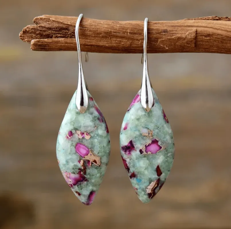 Green & Purple Marbled Imperial Jasper Marquise Drop Earrings made by Zulily