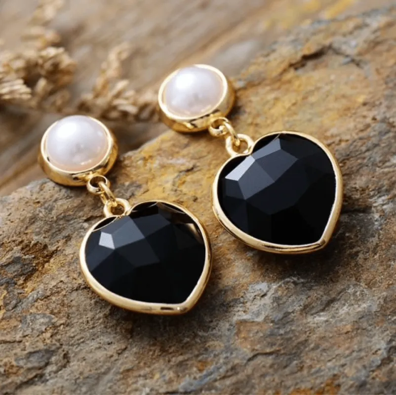 Onyx Heart & Imitation Pearl Drop Earrings in Goldtone made by Zulily
