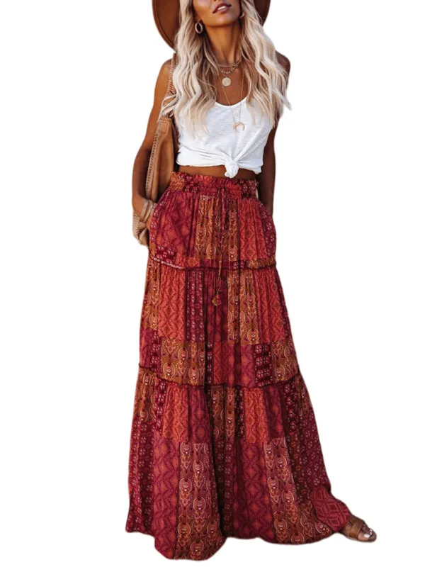 Chic YC Women's Bohemian Patchwork Print Maxi Skirt made by Zulily