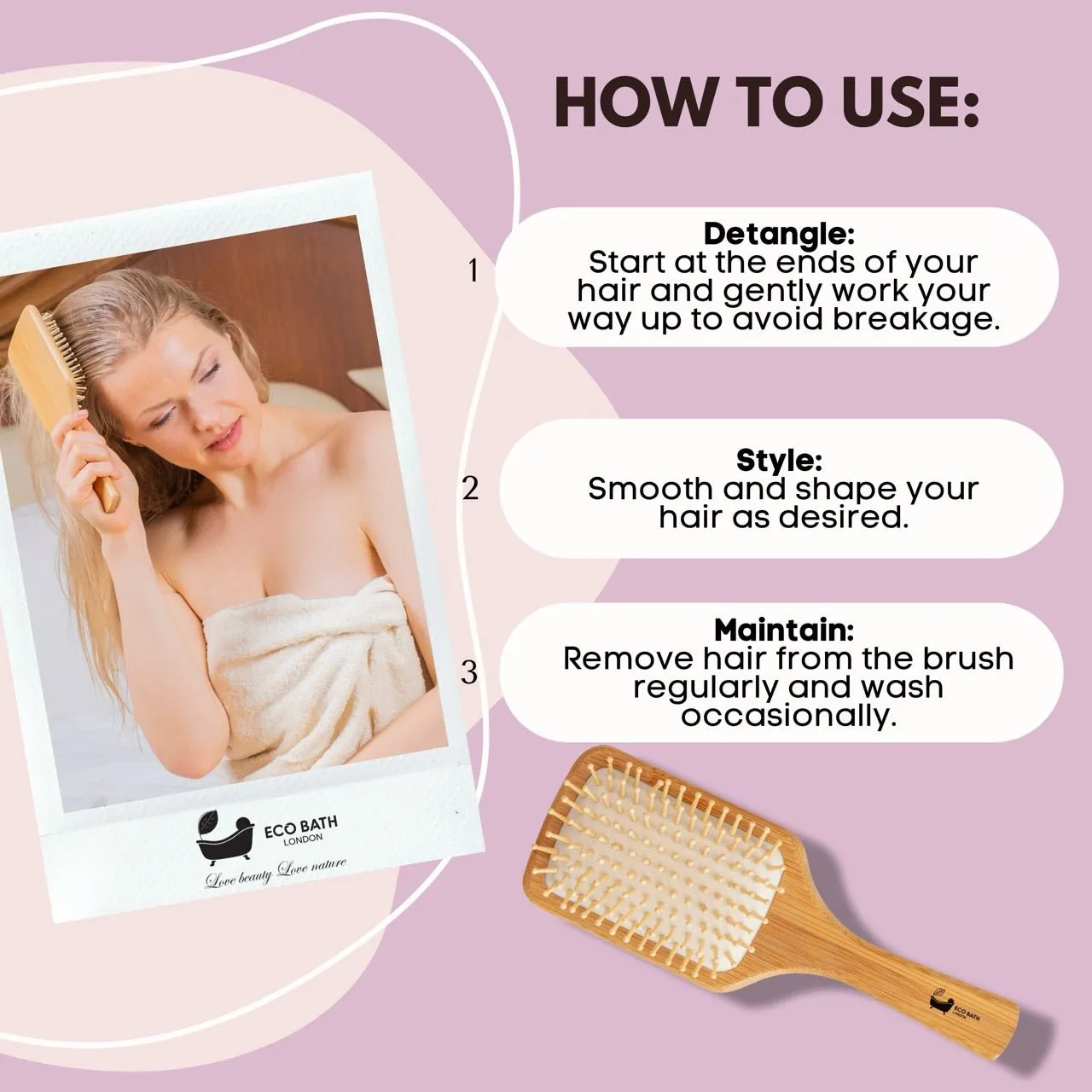 Eco Bath London Bamboo Hairbrush with Wooden Pins - Eco-Friendly Paddle Detangler for Long, Thick, and Curly Hair by Eco Bath London sold by Zulily product image thumbnail 5