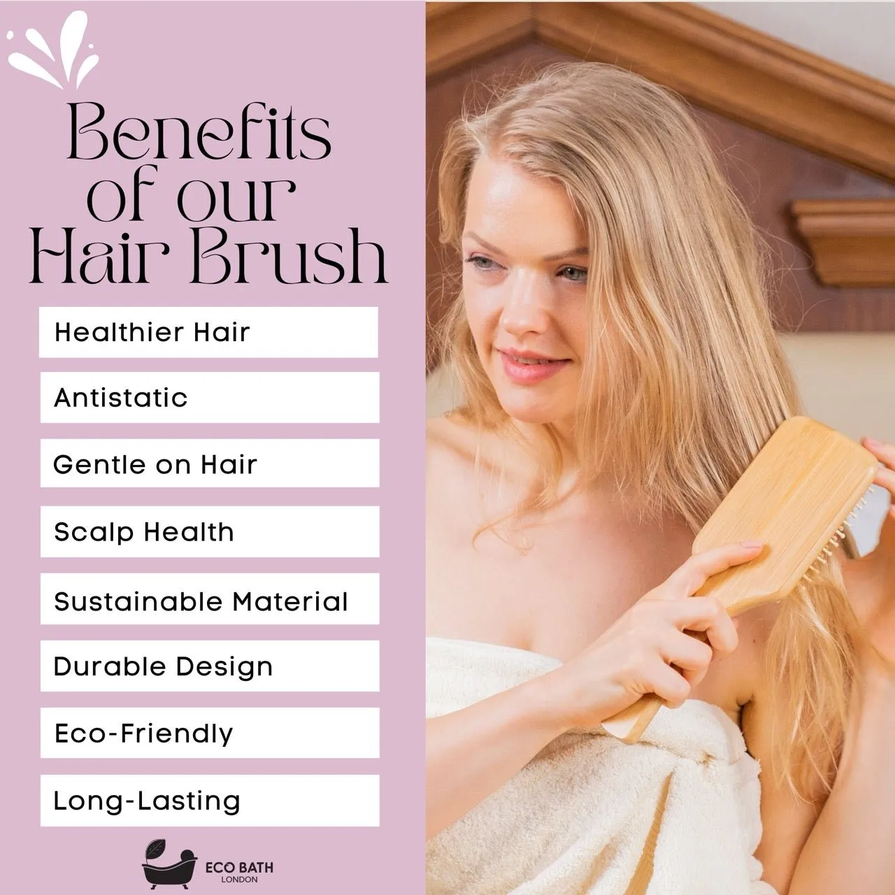 Eco Bath London Bamboo Hairbrush with Wooden Pins - Eco-Friendly Paddle Detangler for Long, Thick, and Curly Hair by Eco Bath London sold by Zulily product image thumbnail 3