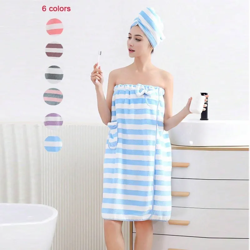 2 pcs Women's Striped Wearable Bath Towel Wrap with Matching Hair Towel – Soft Absorbent Shower Towel Set made by Leo Rosi