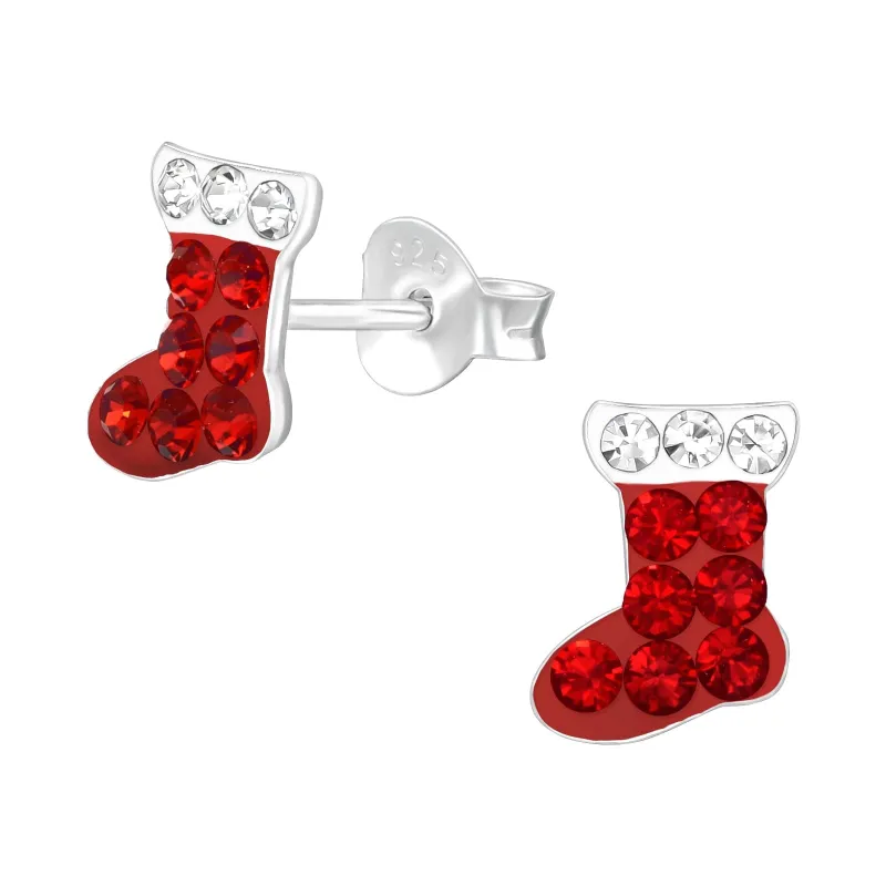 Ag Sterling Red & Clear CZ Pave Christmas Stocking Dainty Stud Earrings sold by Zulily