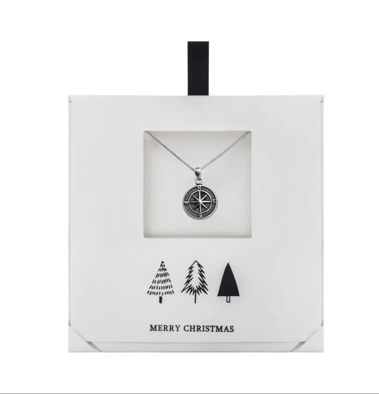 Ag Sterling Oxidized Compass Pendant Necklace on Holiday Card made by Zulily