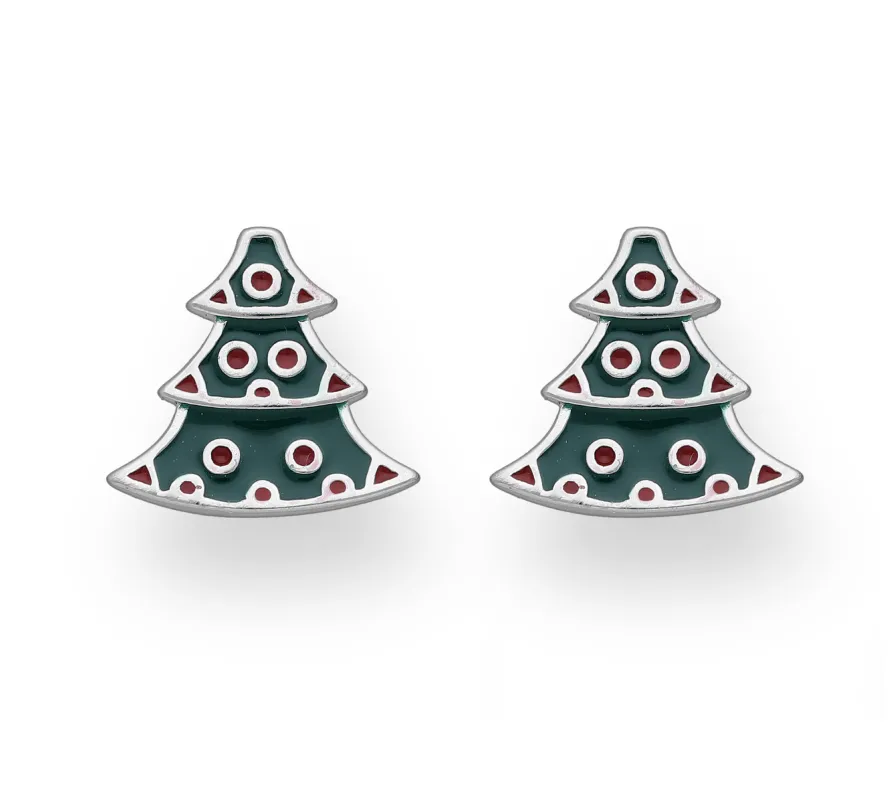 Ag Sterling Deep Green and Red Christmas Tree Stud Earrings made by Zulily