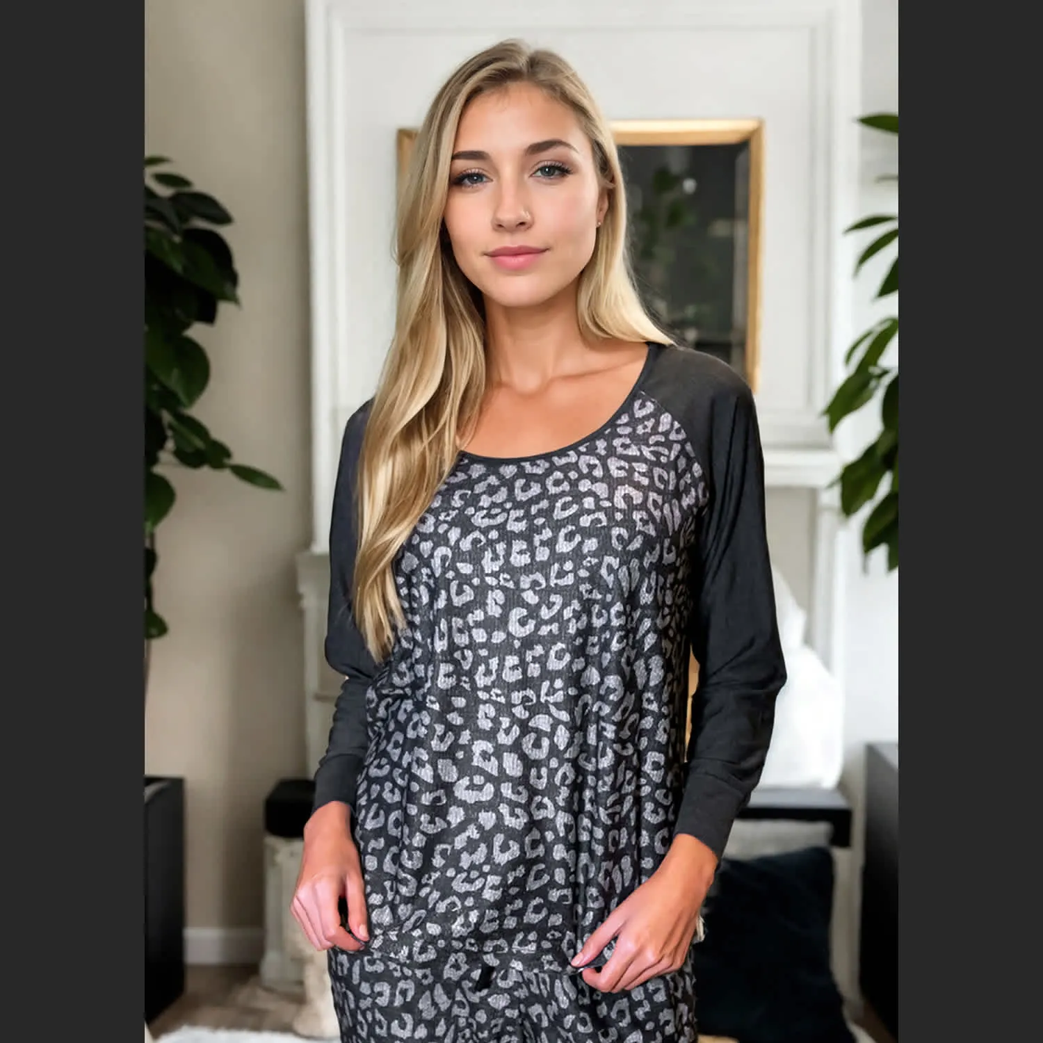 Relevate Designs Grey And Black Leopard Print Long Sleeve Raglan Top sold by Zulily