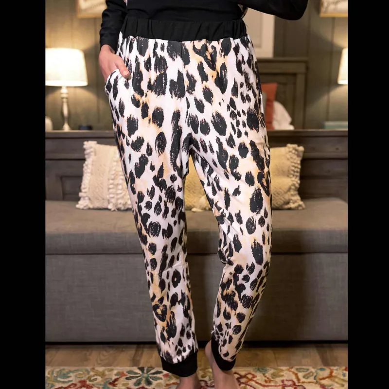 Relevate Designs Beige And Black Leopard Print Lounge Pants With Pockets made by Zulily