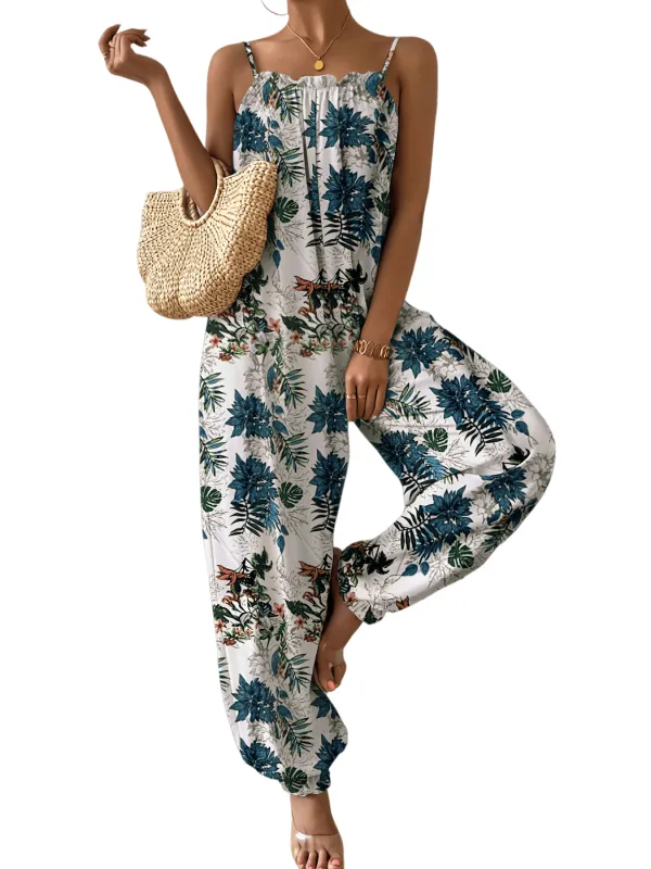 Chic YC Women's Tropical Print Halter Jumpsuit Summer Boho Sleeveless Wide-Leg Romper made by Zulily